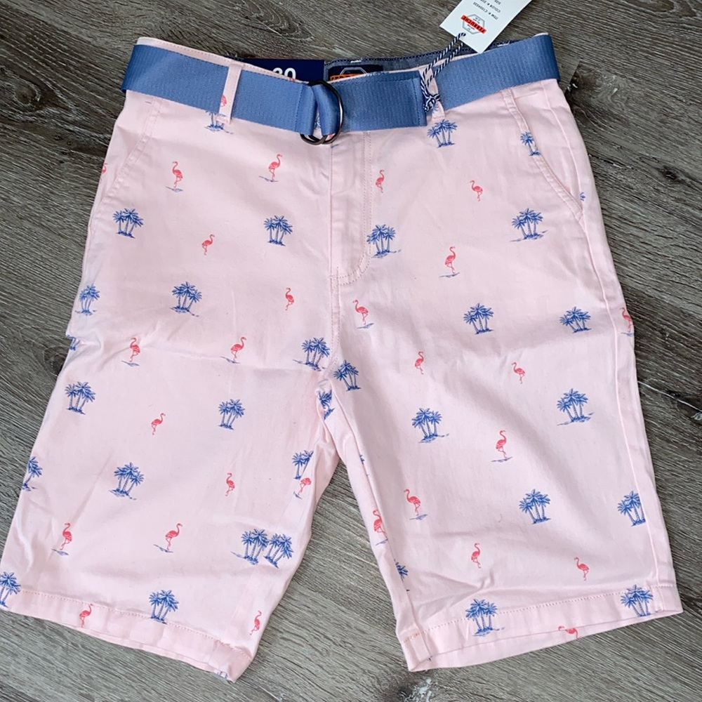 🔶Ferruche Mens Stretch Golf Shorts Pink With Palm Trees & Flamingos Waist 30 NWT
